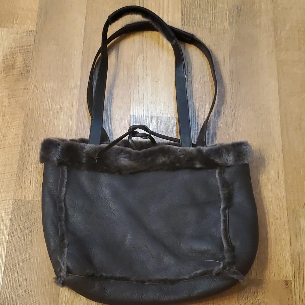 Aston New York Brown Leather Shearling Plush Tote Bag Shoulder‎ Purse